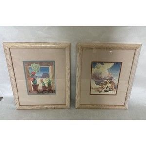 Pair of Gloria Eriksen FRAMED Art Indian Pottery Cactus Cacti Desert 12.5” x 16”